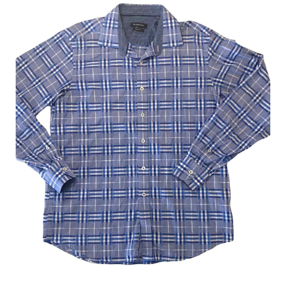Bugatchi Mens Blue Plaid Classic Fit Long Sleeve Button Down Shirt DS3531L5 L‎